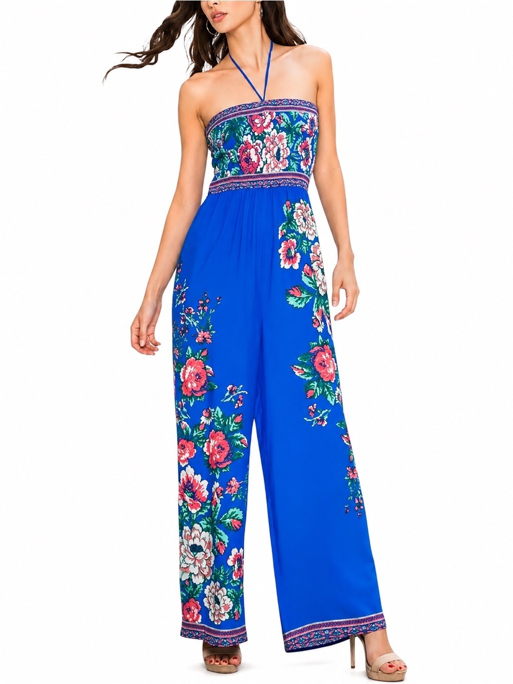 Flying Tomato Royal Blue Floral Strapless Wide-Leg Halter Boho Jumpsuit L
